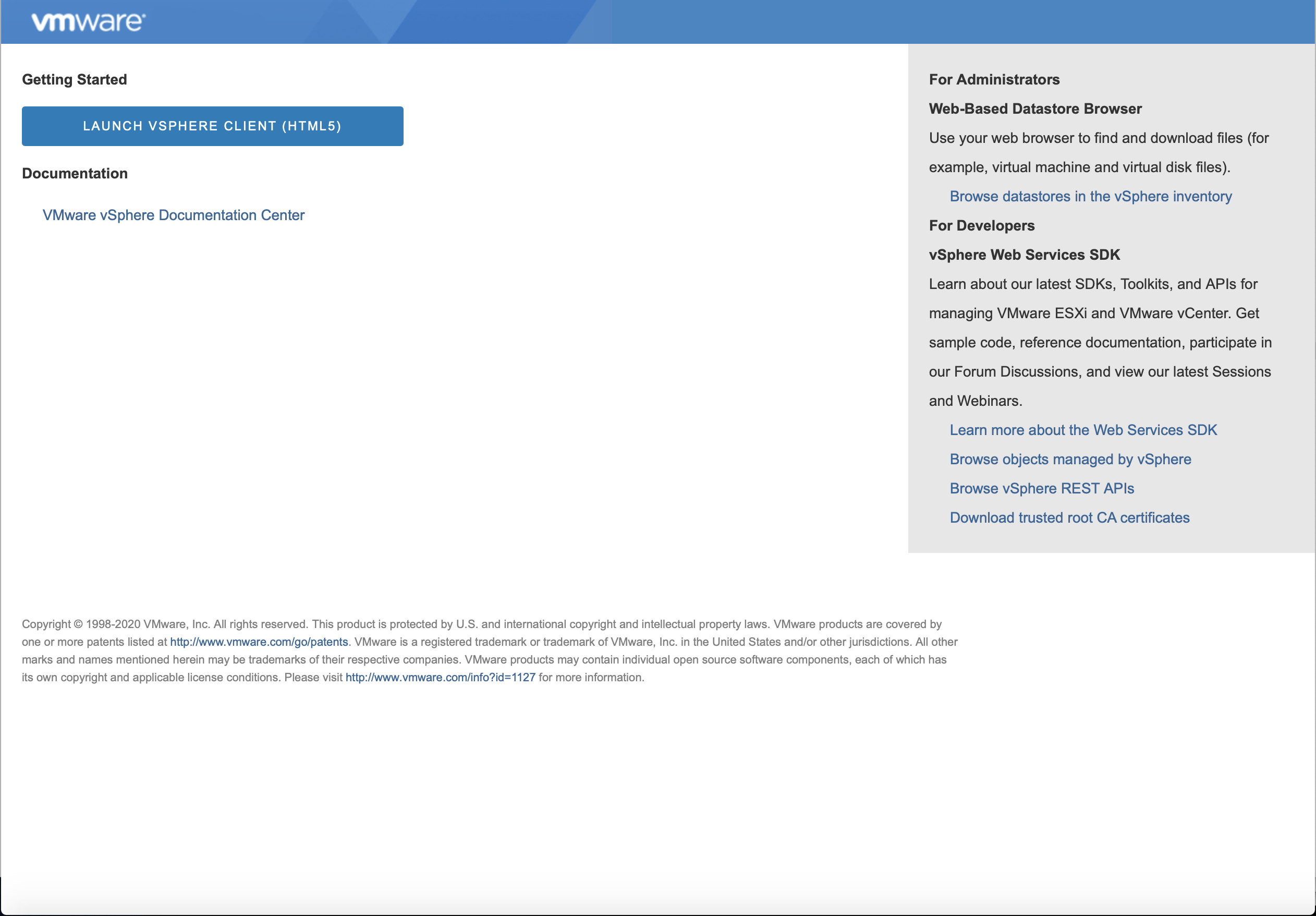 This screenshot shows the welcome screen when you connect a browser to the vSphere Client.