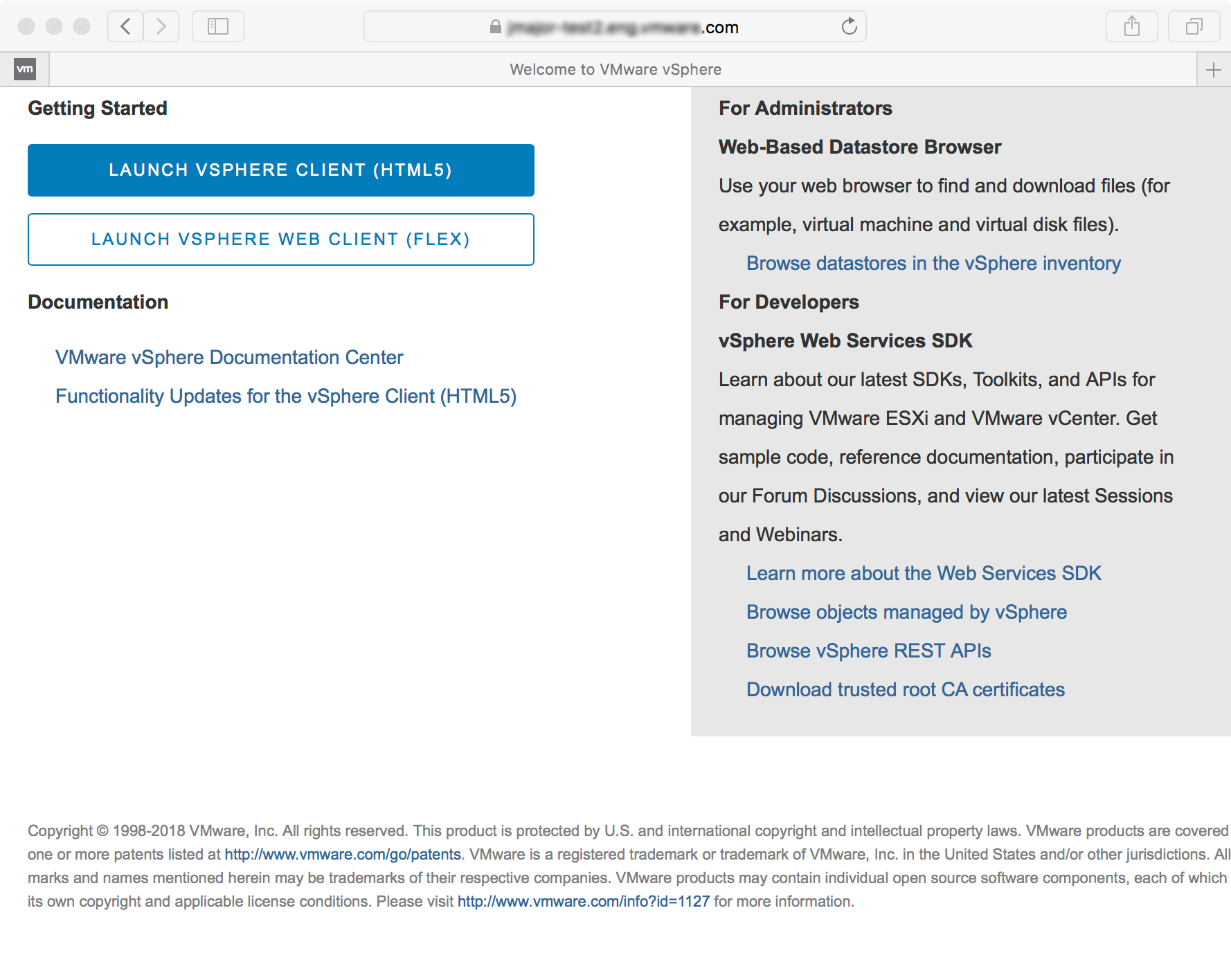 Screenshot shows the initial screen when using the vSphere Client.