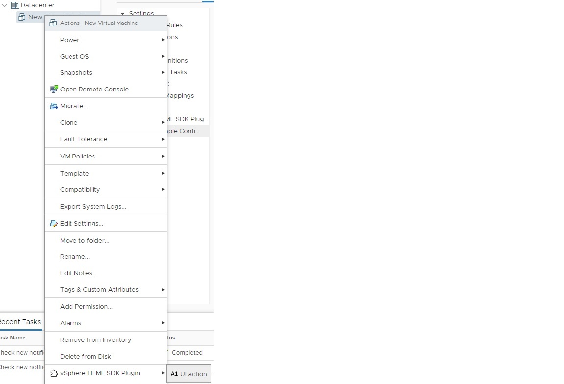 Screenshot shows an item added to the VirtualMachine context menu by a plug-in extension.