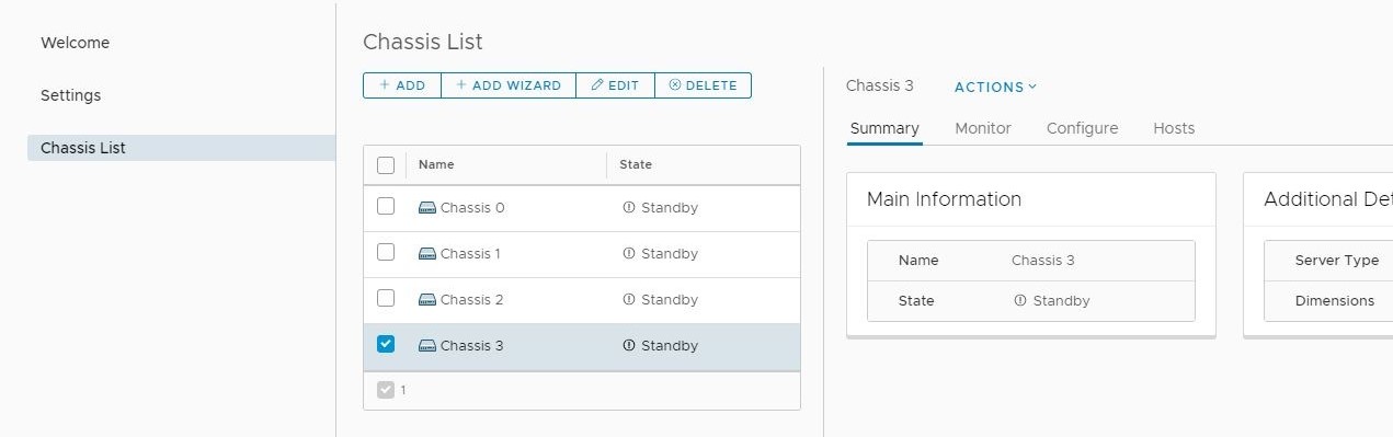 Screenshot shows a plug-in view that lists Chassis objects.
