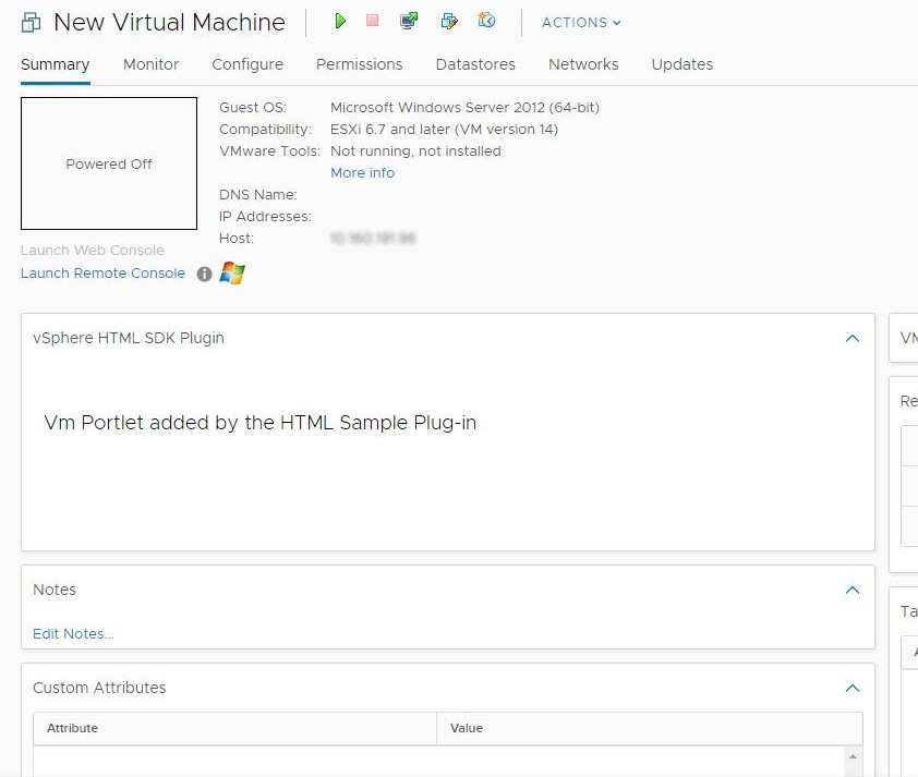 Screenshot shows a view that extends the Summary tab of the VirtualMachine object.
