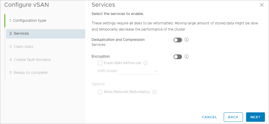 vSphere Client activates deduplication, compression, and other services in your cluster.