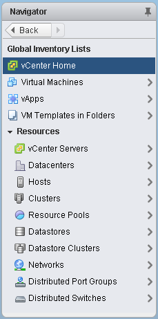 vCenter Home level in the object navigator