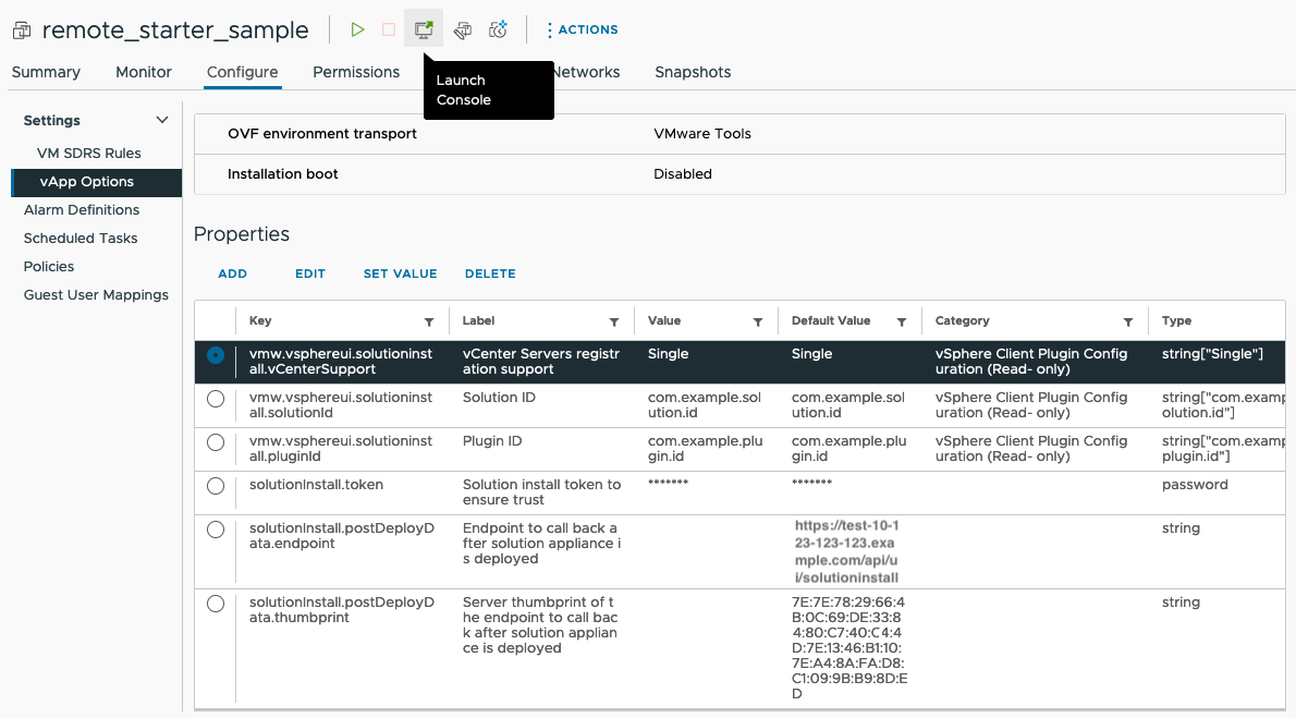 Screenshot shos some properties of plug-in after deployment.