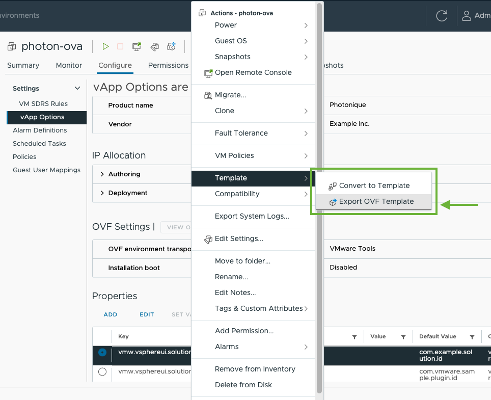 This screenshot shows menu selection to export an OVF template.