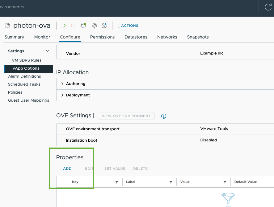 This screenshot shows the vSphere Client page where the administrator configures solution installation properties.