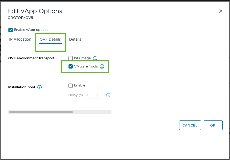 This screenshot shows the OVF Details tab of the Edit vApp Options window.