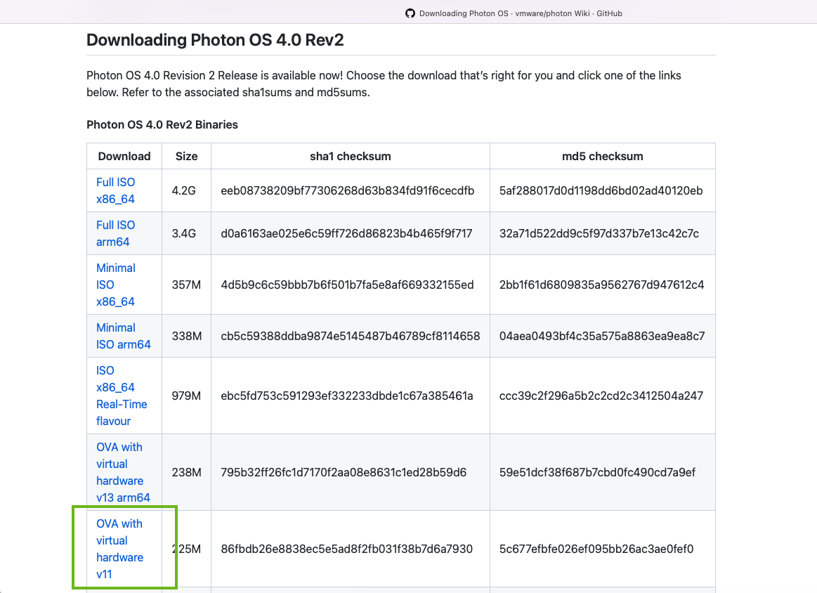 This illustration shows where to download the Photon OS OVA from the GitHub page.