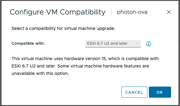 This screenshot shows the selection of 6.7 U2 and later for VM compatibility.